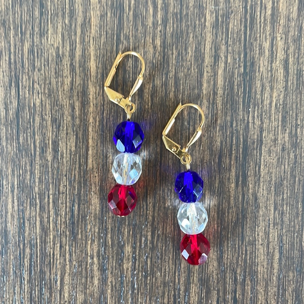 HAND CRAFTED Earrings Red Blue Clear Drop Gold Plated
